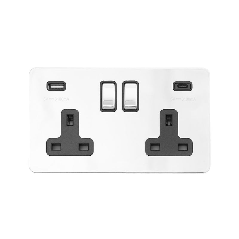 2G USB+C Socket w/ Black Insert - Flat Plate